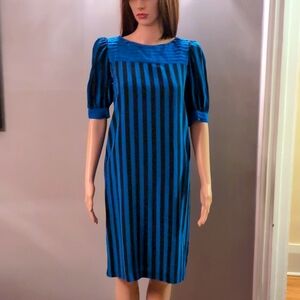 ALGO Vintage 100% SILK Dress Blue X Blue Stripes - Royal& Navy. Pristine. Size 7